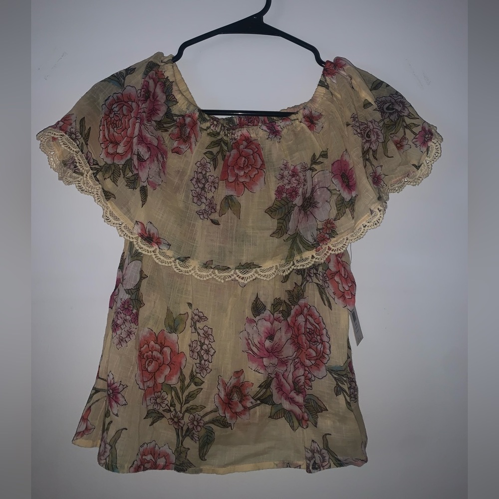billabong yellow floral shirt off the shoulders